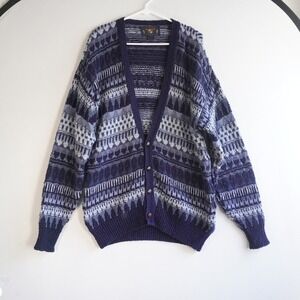 VTG Lake Harmony Mens L Navy Blue Patterned Knit Cotton Cardigan Sweater Grandpa